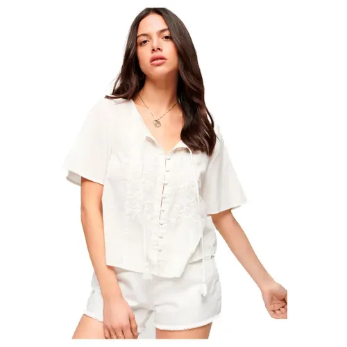 슈퍼드라이 Embroidered Button 반팔 하이넥 티셔츠 140236084