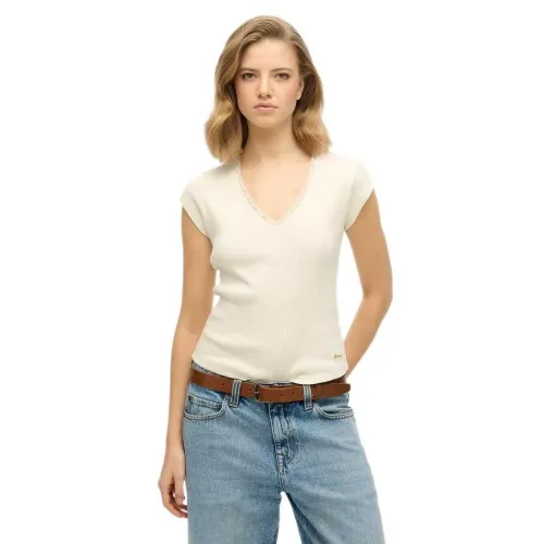 슈퍼드라이 에센셜 Lace 반팔 V넥 티셔츠 141962224