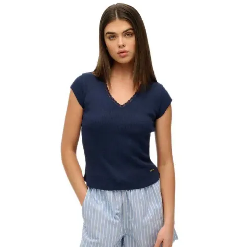 슈퍼드라이 에센셜 Lace 반팔 V넥 티셔츠 141962225